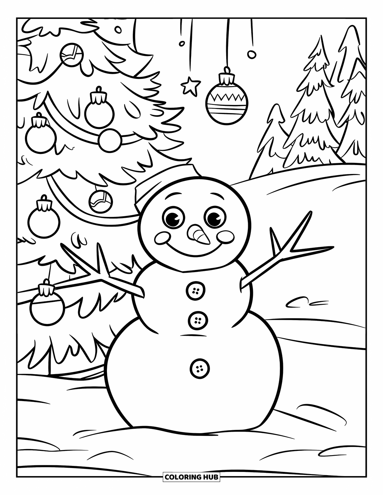 Desenho de Boneco de Neve para Crianças: Um boneco de neve brincalhão com nariz de cenoura e botões de carvão fica perto de uma árvore coberta de neve com uma estrela brilhante