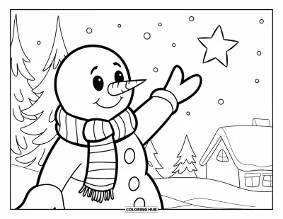 Coloriage de bonhomme de neige pour enfants : Un bonhomme de neige enjoué avec une écharpe s’étire vers une étoile brillante, avec des arbres et une maison douillette derrière