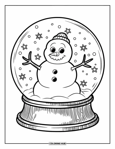 Coloriage de bonhomme de neige pour enfants : Un bonhomme de neige rond est assis à l’intérieur d’une boule à neige, avec de minuscules flocons de neige qui tombent autour