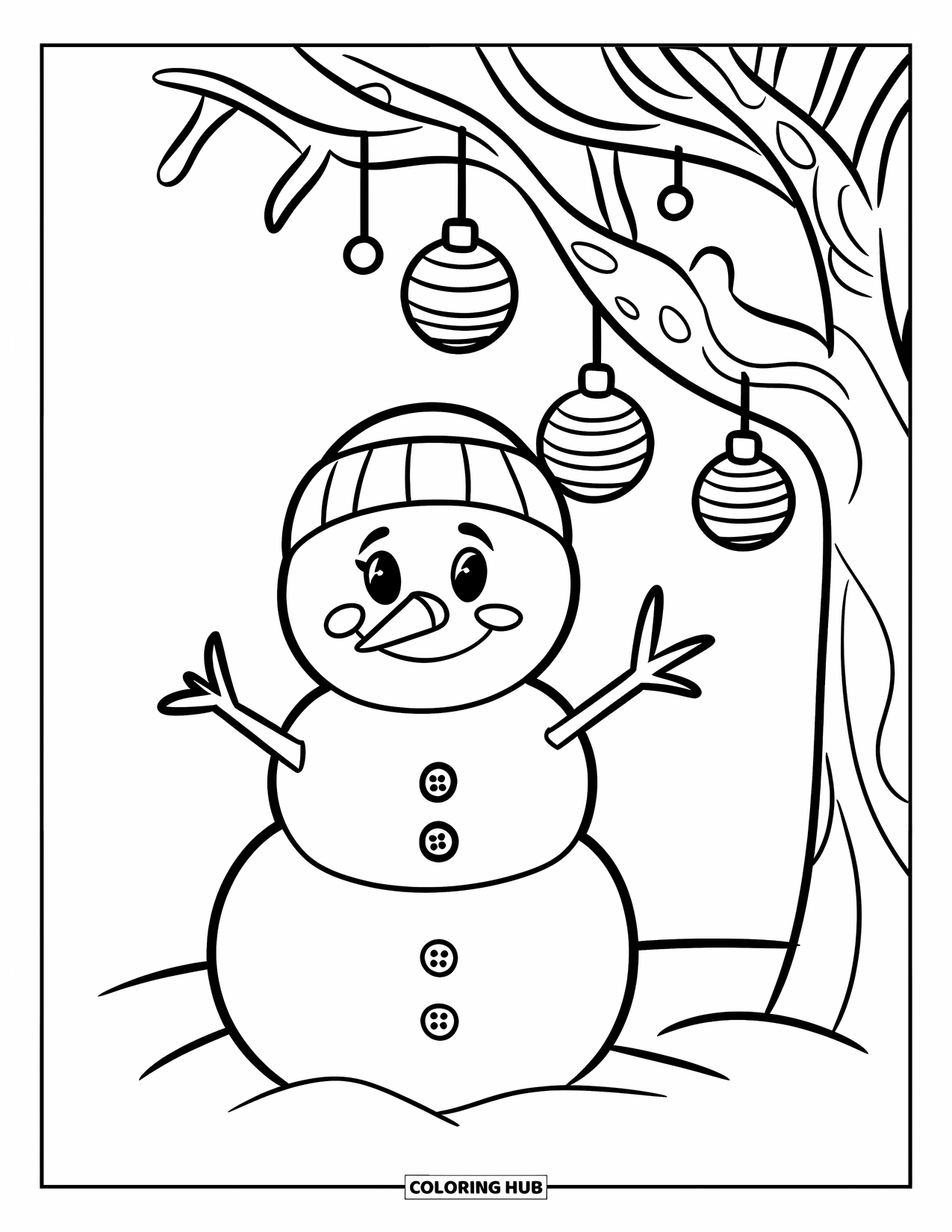Desenho de Boneco de Neve para Crianças: Um pequeno boneco de neve com barriga abotoada fica ao lado de uma árvore decorada com enfeites pendurados