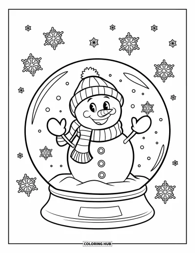 Coloriage de bonhomme de neige pour enfants : Un bonhomme de neige souriant en vêtements d’hiver se tient à l’intérieur d’une boule à neige tandis que des flocons de neige tombent doucement