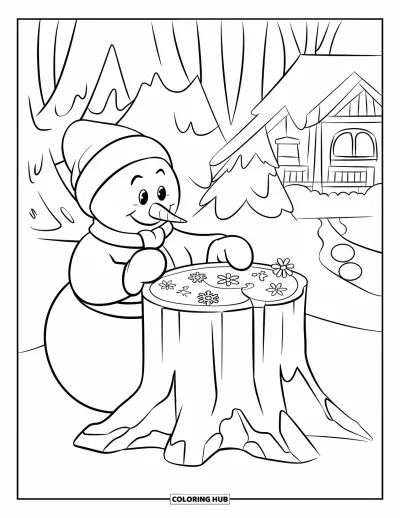 Coloriage de bonhomme de neige pour enfants : Un bonhomme de neige décore soigneusement une souche d’arbre avec des fleurs, entouré d’un paysage enneigé et d’une maison lointaine