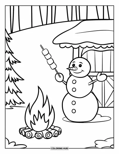 Coloriage de bonhomme de neige pour enfants : Un bonhomme de neige profite d’une nuit d’hiver tranquille, faisant griller des guimauves sur un feu de camp avec des arbres en arrière-plan