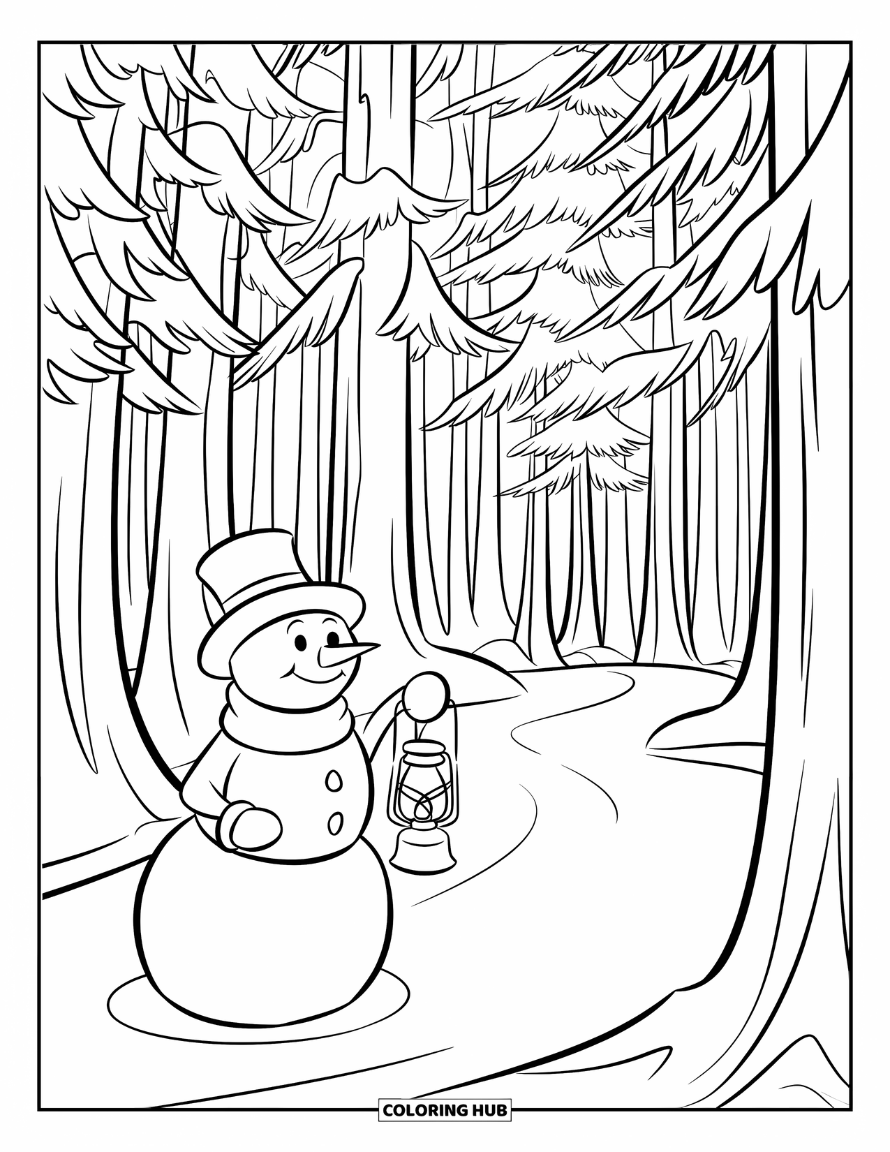Desenho de boneco de neve para colorir para crianças: Um boneco de neve segurando uma lanterna ilumina um caminho nevado, cercado por árvores altas e detalhadas