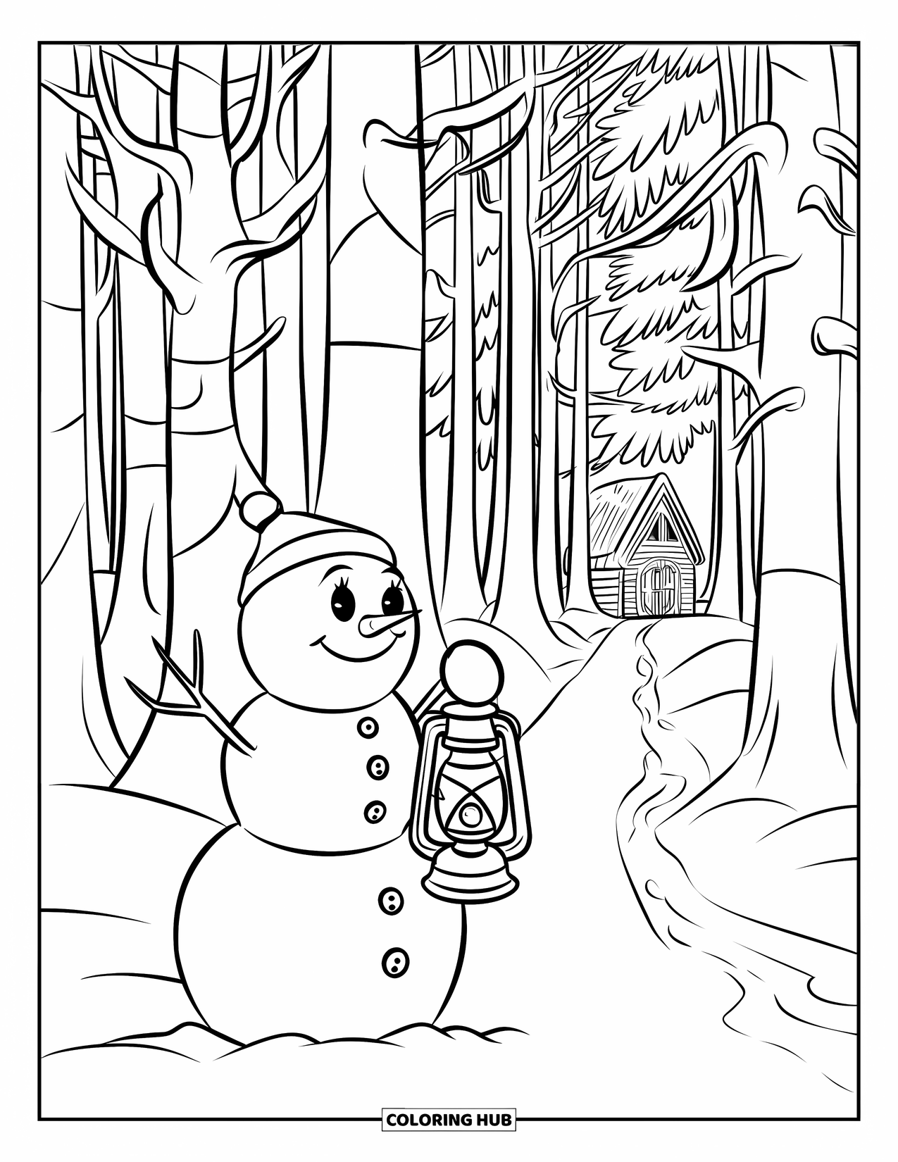 Desenho de Boneco de Neve para Crianças: Um boneco de neve segurando uma lanterna fica em um caminho nevado que leva a uma cabana distante entre árvores altas