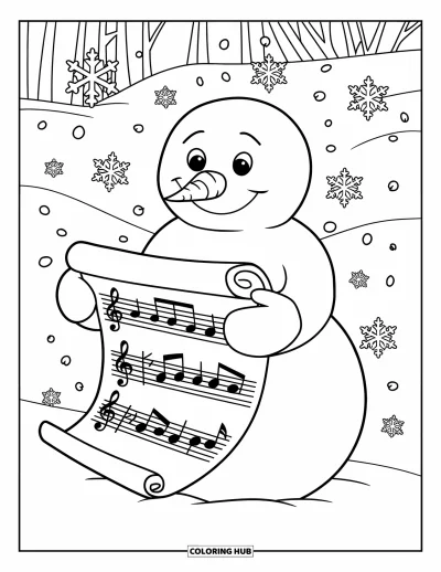 Coloriage de bonhomme de neige pour enfants : Un bonhomme de neige tient un rouleau de notes de musique, entouré de flocons de neige tombant dans une scène hivernale paisible