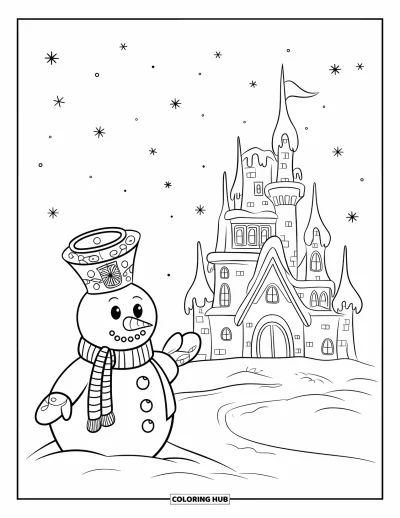 Coloriage de bonhomme de neige pour enfants : Un bonhomme de neige avec un manteau et une écharpe se tient près d’un château lumineux, sous un ciel d’hiver étoilé et clair