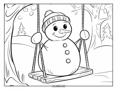 Coloriage de bonhomme de neige pour enfants : Un bonhomme de neige avec un bonnet en tricot confortable est assis sur une balançoire en bois, suspendue à une vieille branche d’arbre dans la neige