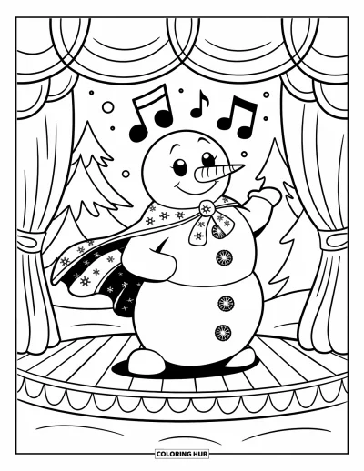 Coloriage de bonhomme de neige pour enfants : Un bonhomme de neige avec une cape flottante se tient sur une petite scène, chantant avec des notes de musique flottant au-dessus