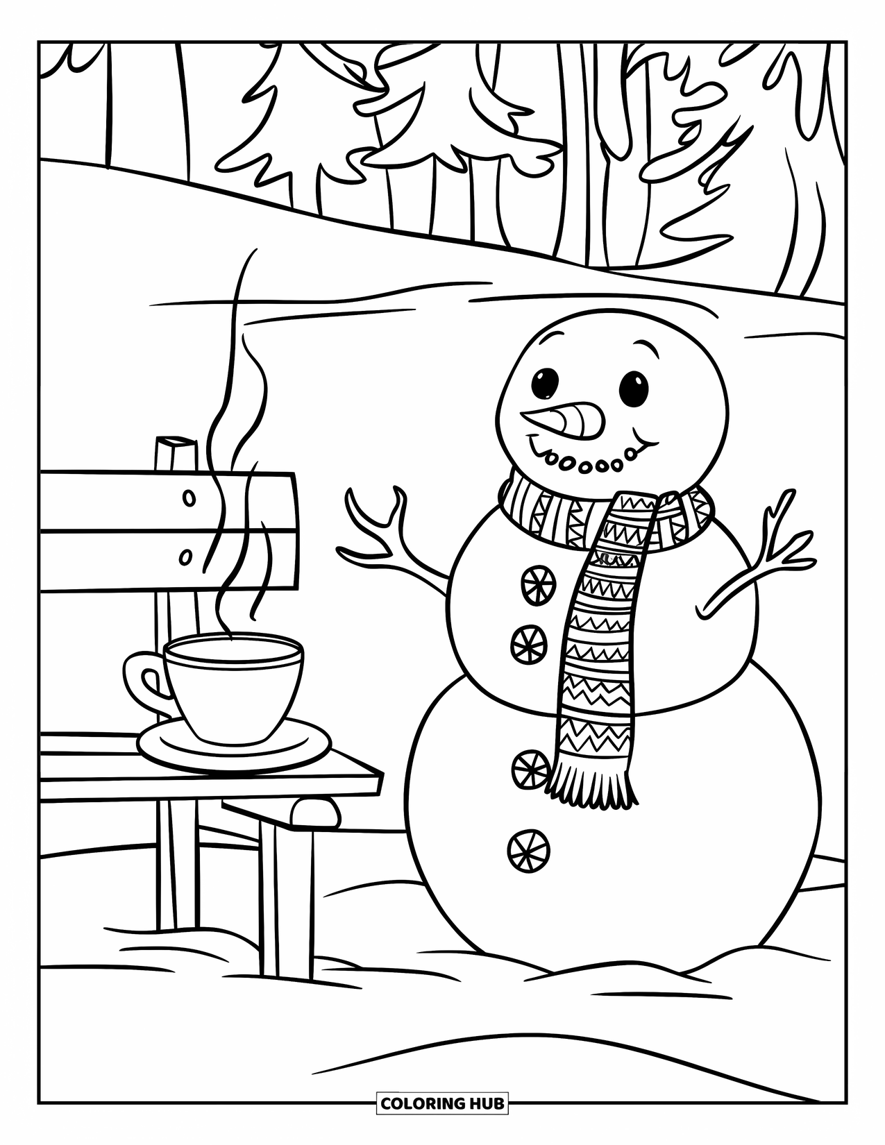 Desenho de boneco de neve para colorir para crianças: Um boneco de neve com um cachecol estampado fica perto de um banco de madeira com uma xícara fumegante na paisagem nevada