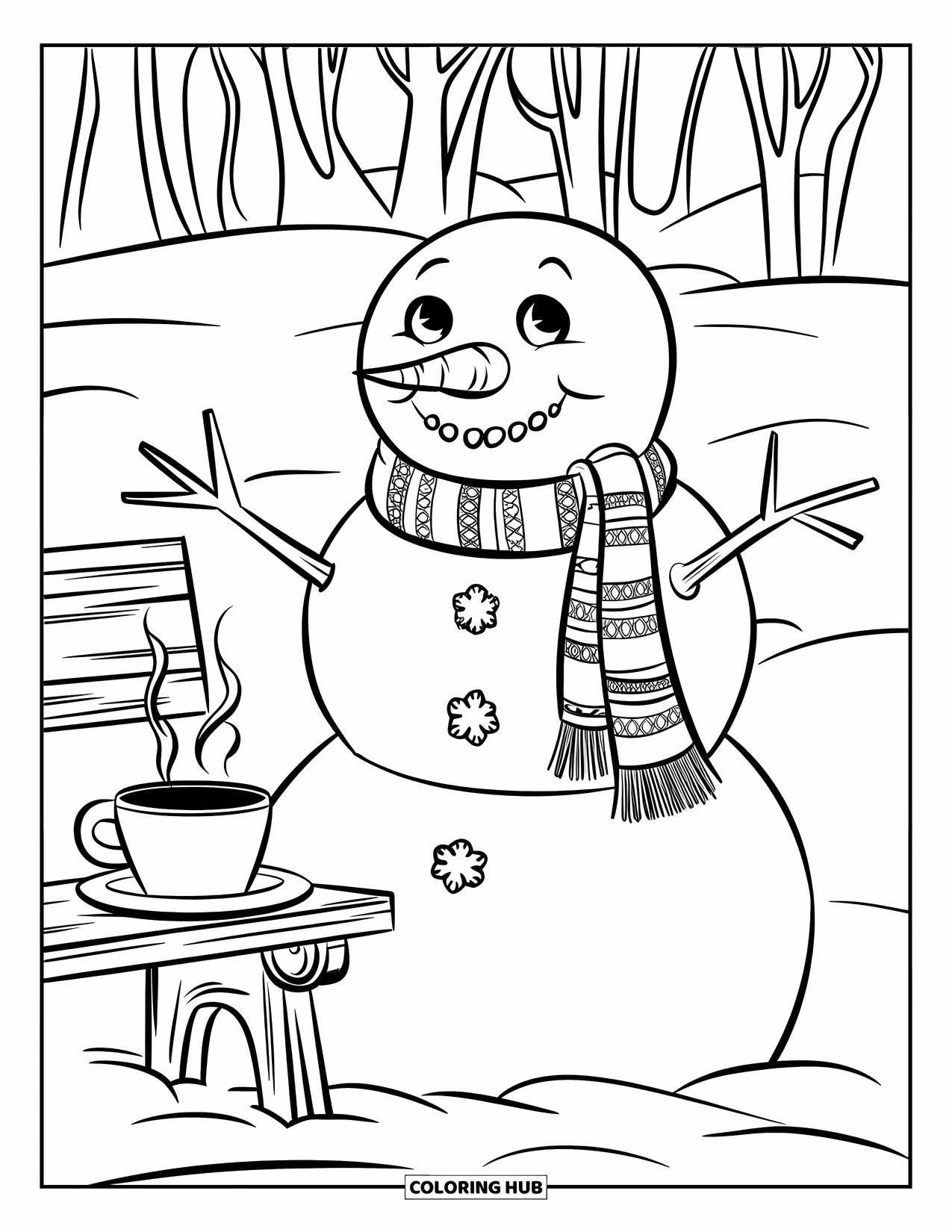 Desenho de boneco de neve para colorir para crianças: Um boneco de neve com um cachecol estampado fica perto de um banco de madeira com uma xícara fumegante no ar de inverno
