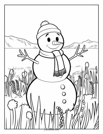 Coloriage de bonhomme de neige pour enfants : Un bonhomme de neige avec une écharpe et un chapeau se tient dans un champ d’herbe gelée, regardant des montagnes lointaines