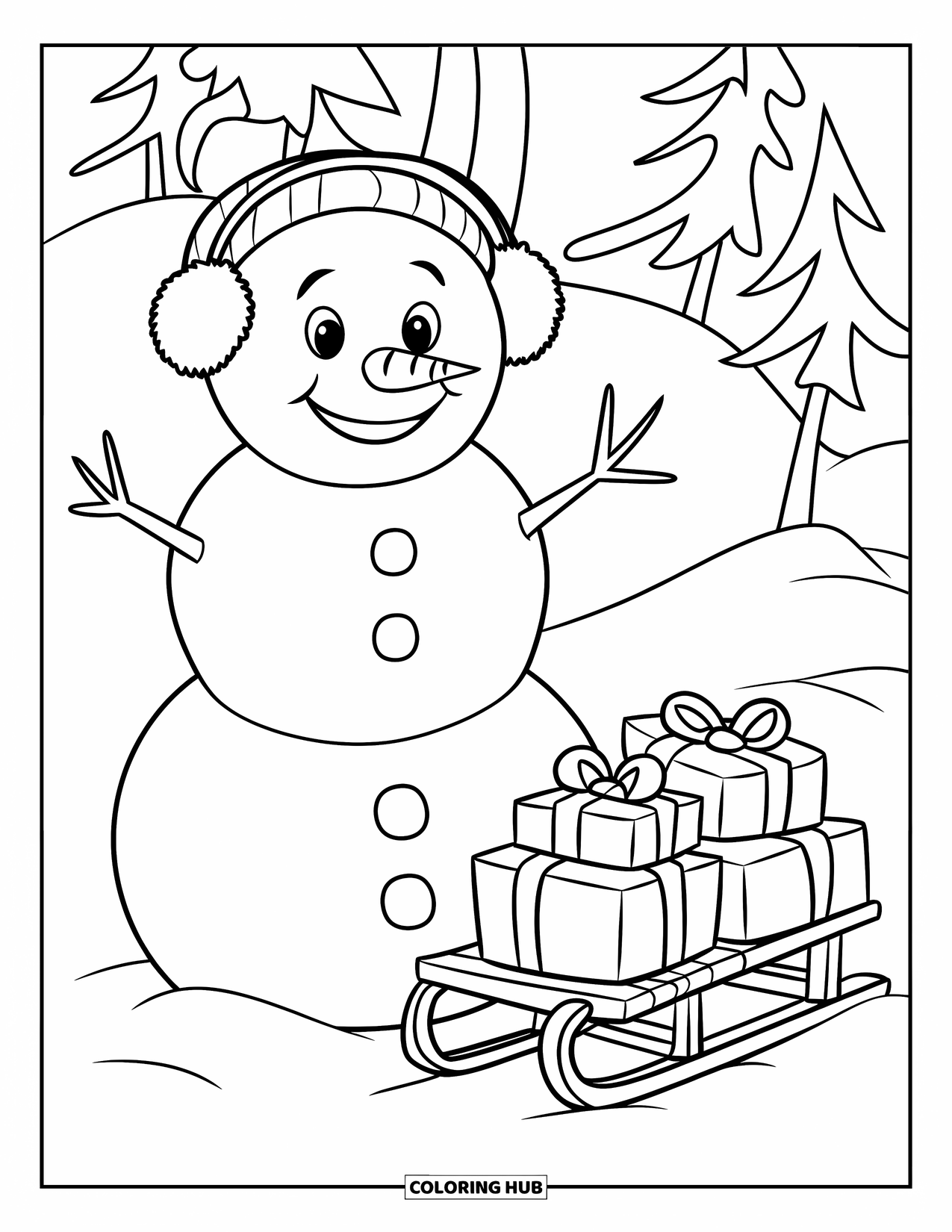 Desenho de Boneco de Neve para Crianças: Um boneco de neve com protetores de ouvido fica ao lado de um trenó cheio de presentes embrulhados em uma paisagem nevada