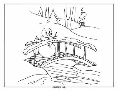 Coloriage de bonhomme de neige pour enfants : Un bonhomme de neige s’appuie sur une balustrade de pont en bois, regardant une rivière gelée en contrebas dans le paysage hivernal