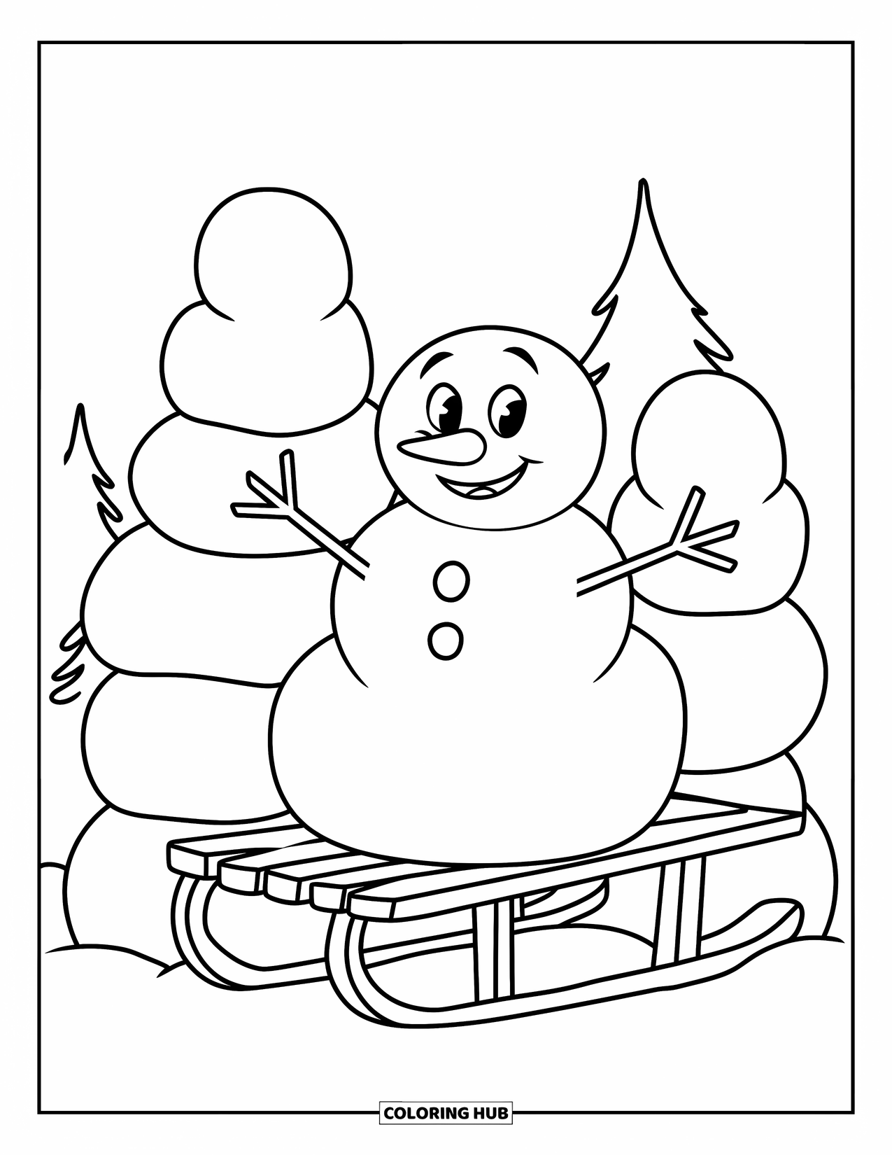 Desenho de Boneco de Neve para Crianças: Um boneco de neve em um trenó sorri com entusiasmo, cercado por árvores e pilhas de bolas de neve