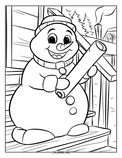 Coloriage de bonhomme de neige pour enfants : Un bonhomme de neige est assis sur une marche en bois, tenant un rouleau enroulé, avec une maison douillette en arrière-plan