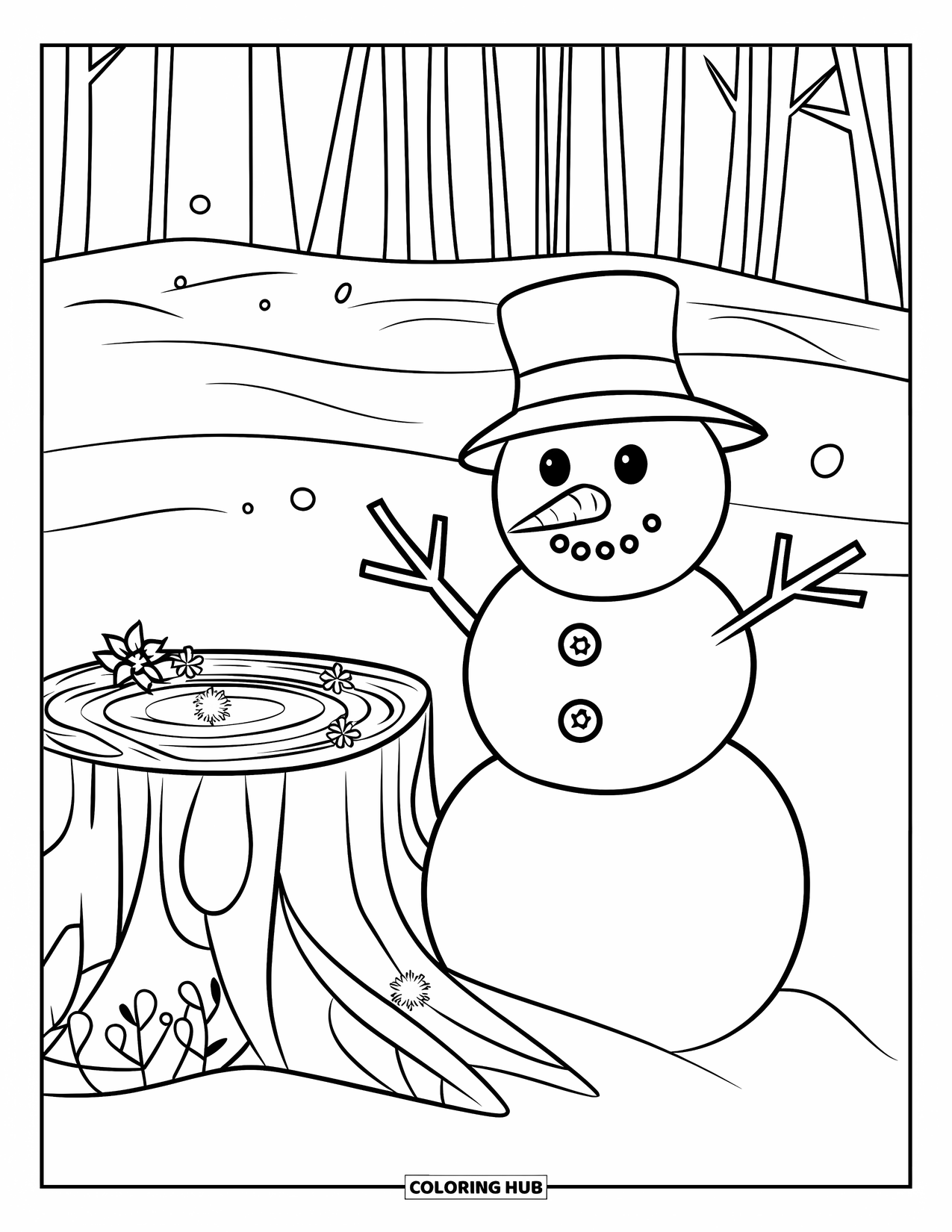 Desenho de boneco de neve para colorir para crianças: Um boneco de neve fica ao lado de um grande tronco de árvore, usando um chapéu e cercado por pequenas decorações florais