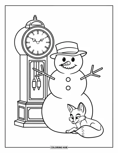 Coloriage de bonhomme de neige pour enfants : Un bonhomme de neige se tient à côté d’une horloge à l’ancienne, avec un petit renard recroquevillé à proximité dans la neige