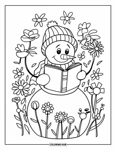 Coloriage de bonhomme de neige pour enfants : Un bonhomme de neige entouré de fleurs tient un livre, comme s’il lisait une histoire d’hiver confortable