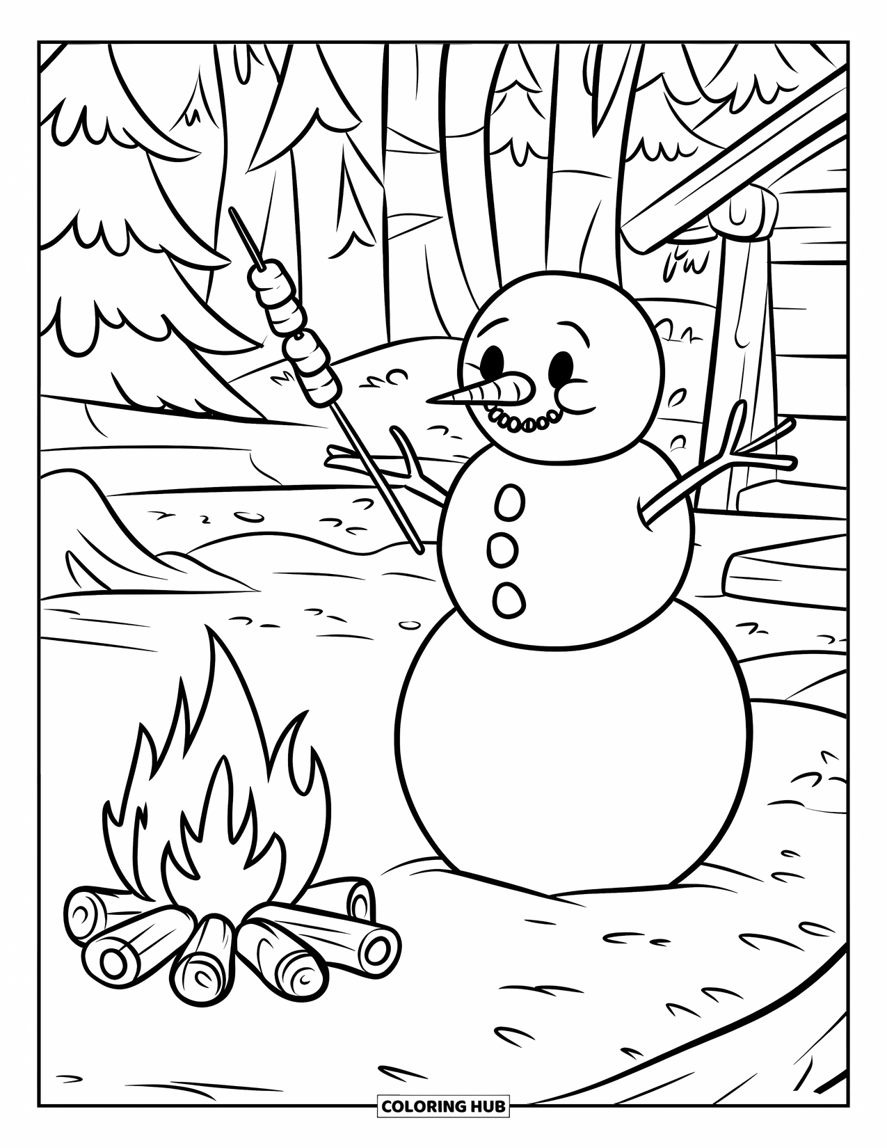 Desenho de boneco de neve para colorir para crianças: Um boneco de neve se aquece perto de uma pequena fogueira, assando marshmallows sob um céu noturno de inverno tranquilo