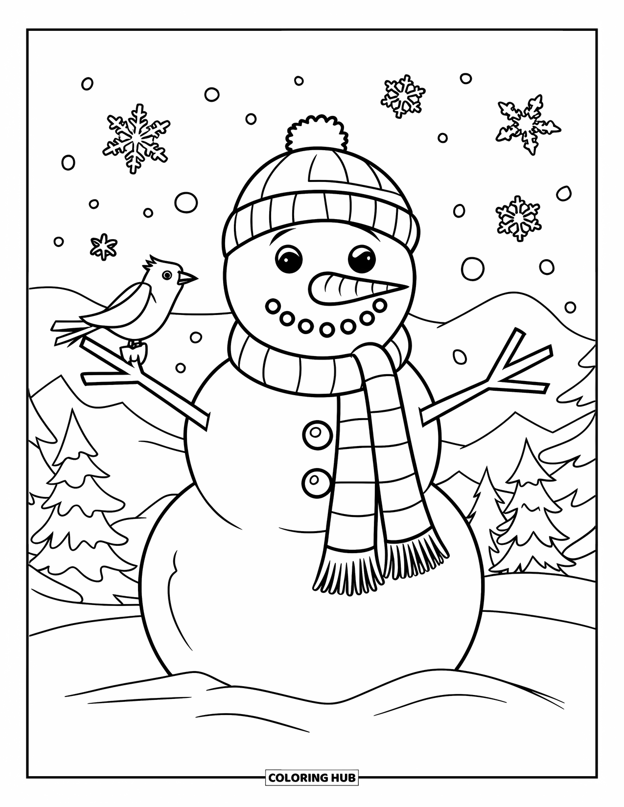 Desenho de boneco de neve para colorir para crianças: Um boneco de neve com um chapéu e cachecol segura uma cenoura, enquanto um pequeno pássaro se empoleira em seu braço de graveto