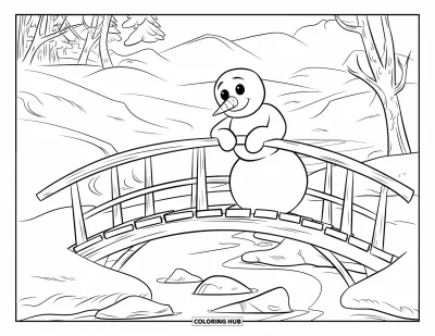 Coloriage de bonhomme de neige pour enfants : Un bonhomme de neige avec une écharpe se tient sur un pont en bois, regardant la rivière glacée entourée d’arbres