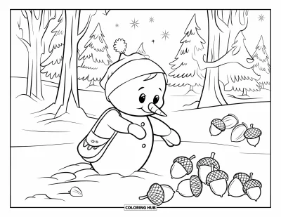 Coloriage de bonhomme de neige pour enfants : Un bonhomme de neige avec une minuscule sacoche ramasse des glands et des pommes de pin dans une forêt enneigée remplie de grands arbres