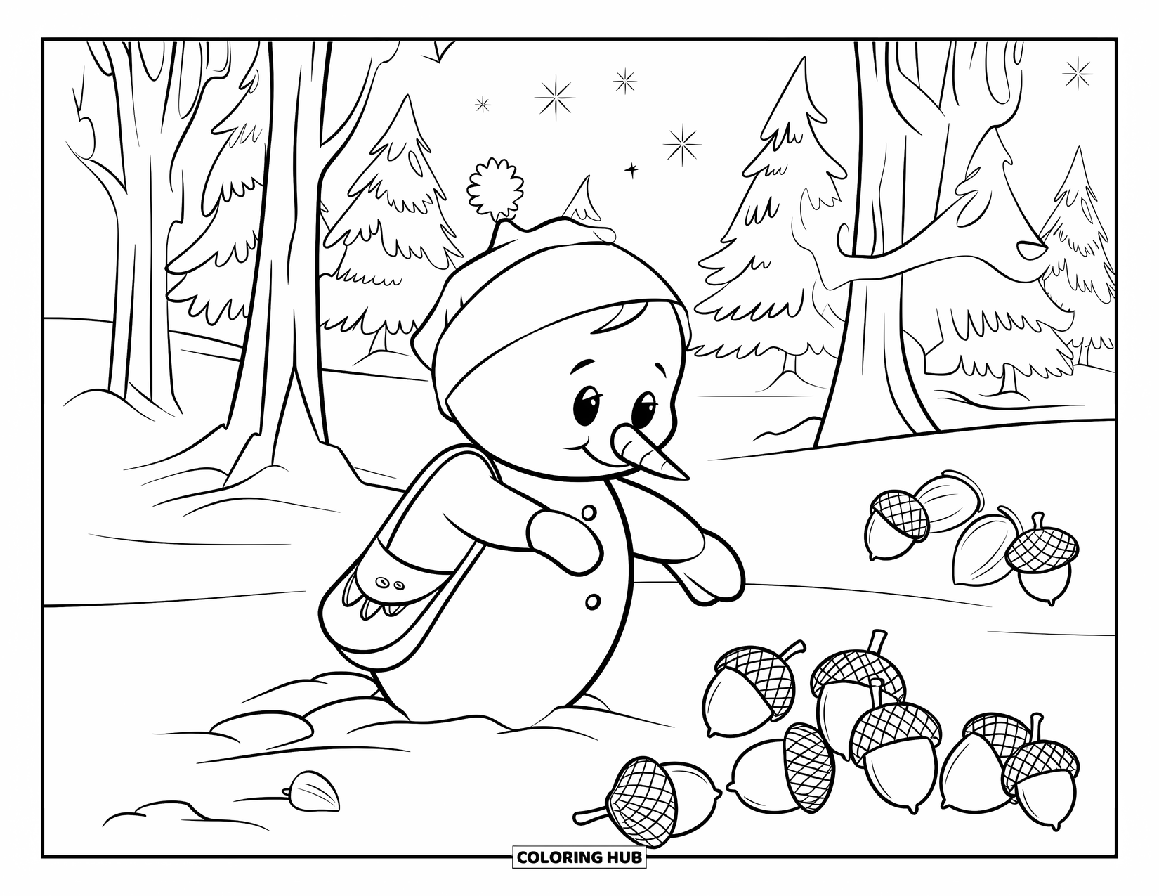 Desenho de boneco de neve para colorir para crianças: Um boneco de neve com uma pequena sacola coleta bolotas e pinhas em uma floresta nevada cheia de árvores altas