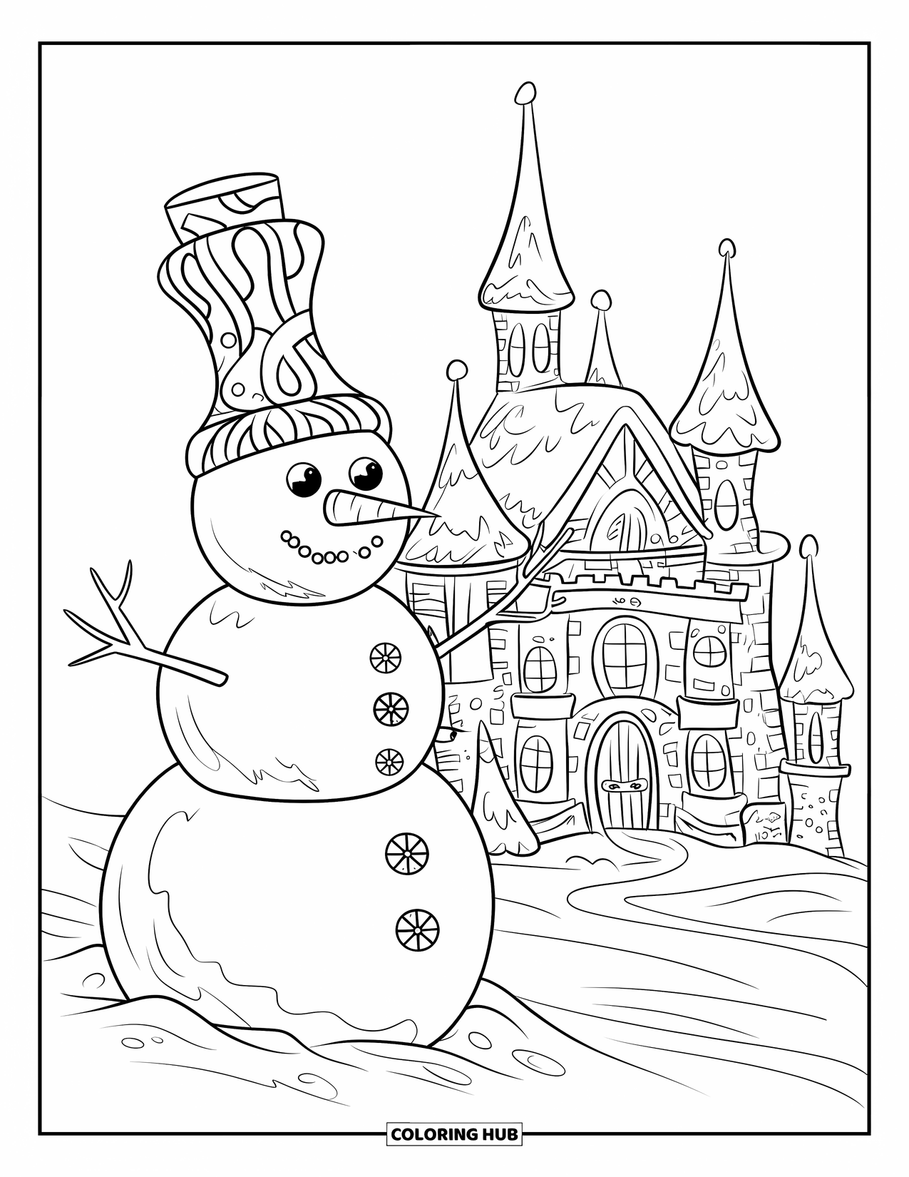 Desenho de Boneco de Neve para Crianças: Um boneco de neve com uma cartola única fica ao lado de um grande castelo coberto de neve com janelas brilhantes