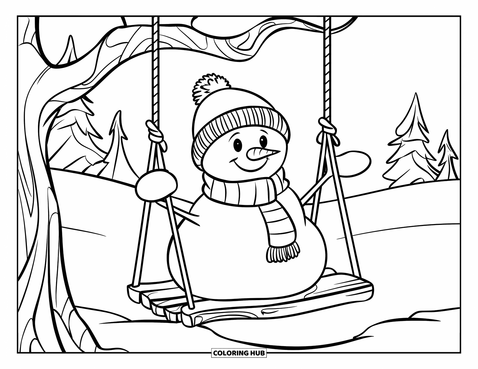 Desenho de boneco de neve para colorir para crianças: Um boneco de neve com um gorro de tricô quente desfruta de um balanço sob uma árvore, cercado por uma paisagem de inverno tranquila