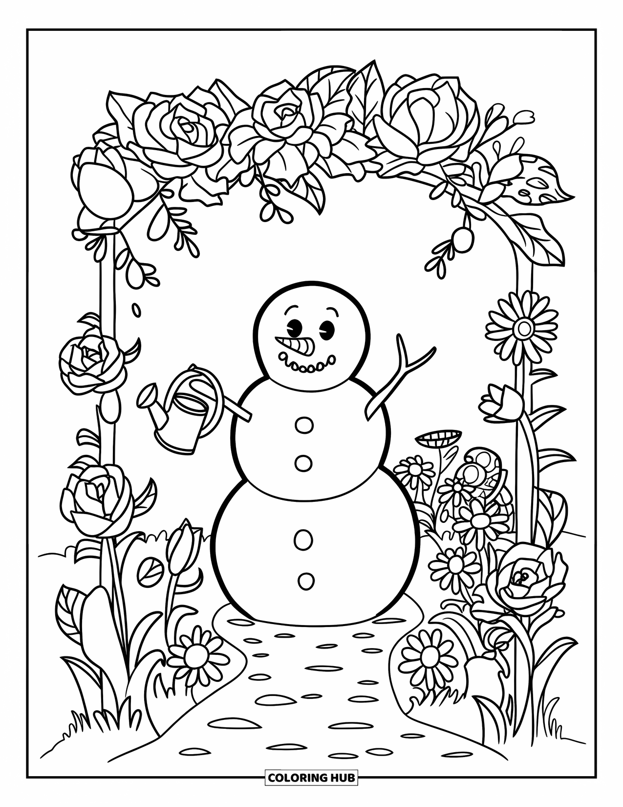 Desenho de Boneco de Neve para Crianças: Um boneco de neve com um regador fica entre rosas, tulipas e margaridas em um jardim de inverno tranquilo