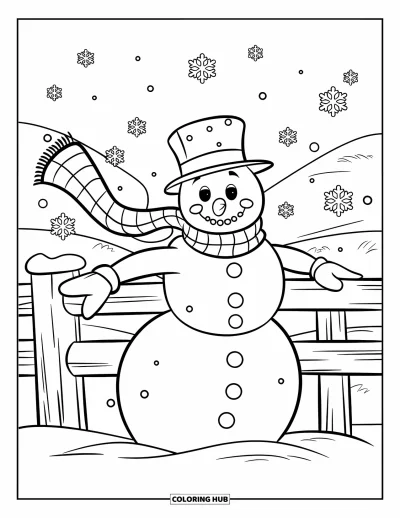 Coloriage de bonhomme de neige pour enfants : Un bonhomme de neige élégant se protège du vent, sa longue écharpe flottant tandis que les flocons de neige dansent autour