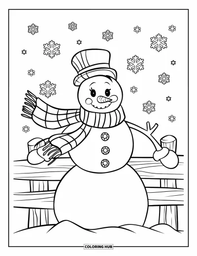 Coloriage de bonhomme de neige pour enfants : Un bonhomme de neige élégant avec une longue écharpe s’appuie contre une clôture en bois tandis que des flocons de neige tourbillonnent autour