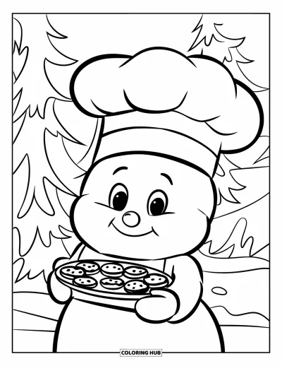 Coloriage de bonhomme de neige pour enfants : Un minuscule bonhomme de neige avec un chapeau de chef et un plateau de biscuits sourit dans une scène hivernale douillette