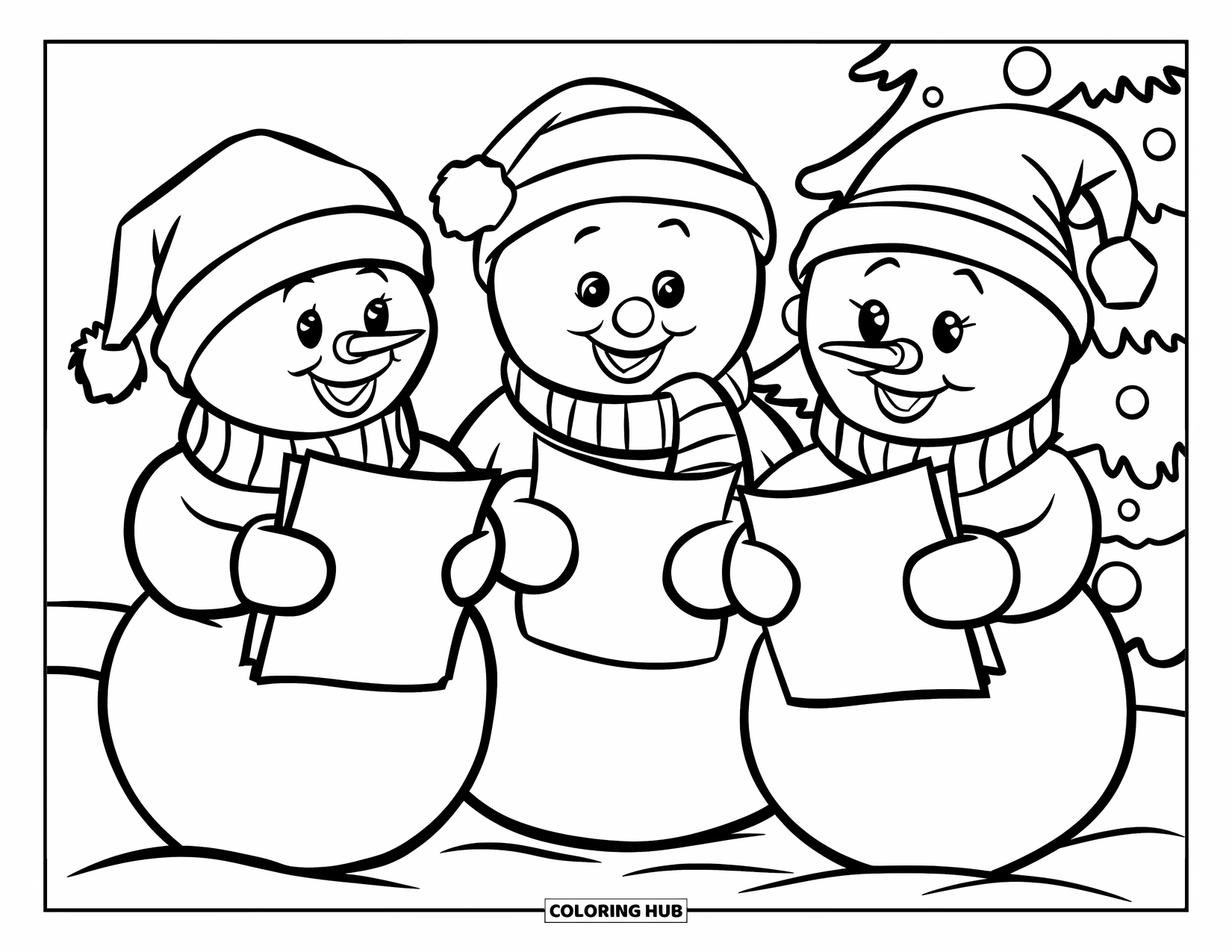 Desenho de boneco de neve para colorir para crianças: Um trio de bonecos de neve com cachecóis e chapéus cantam canções juntos, segurando uma partitura na neve