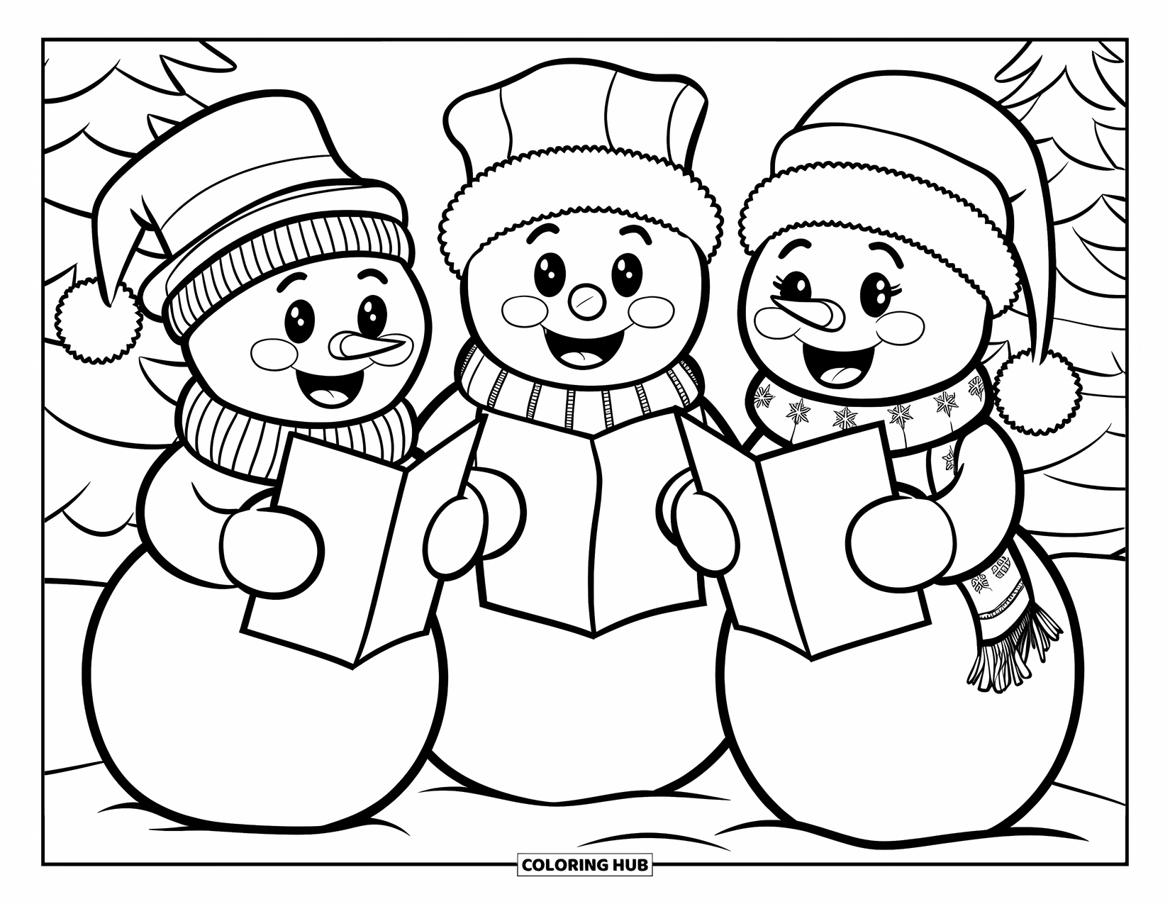 Desenho de Boneco de Neve para Crianças: Três bonecos de neve alegres seguram uma partitura, cantando canções de natal ao lado de uma árvore de Natal decorada