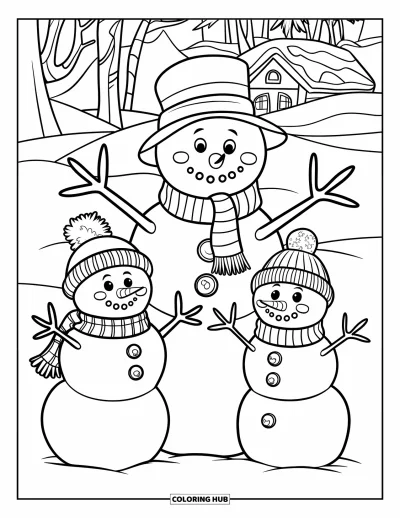 Coloriage de bonhomme de neige pour enfants : Trois joyeux bonhommes de neige avec des chapeaux et des écharpes d’hiver uniques se tiennent ensemble dans un paysage enneigé