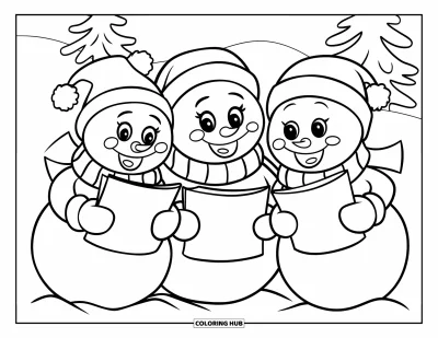 Coloriage de bonhomme de neige pour enfants : Trois bonhommes de neige mignons avec des visages expressifs chantent des chants de Noël tout en tenant une feuille de musique, entourés d’arbres