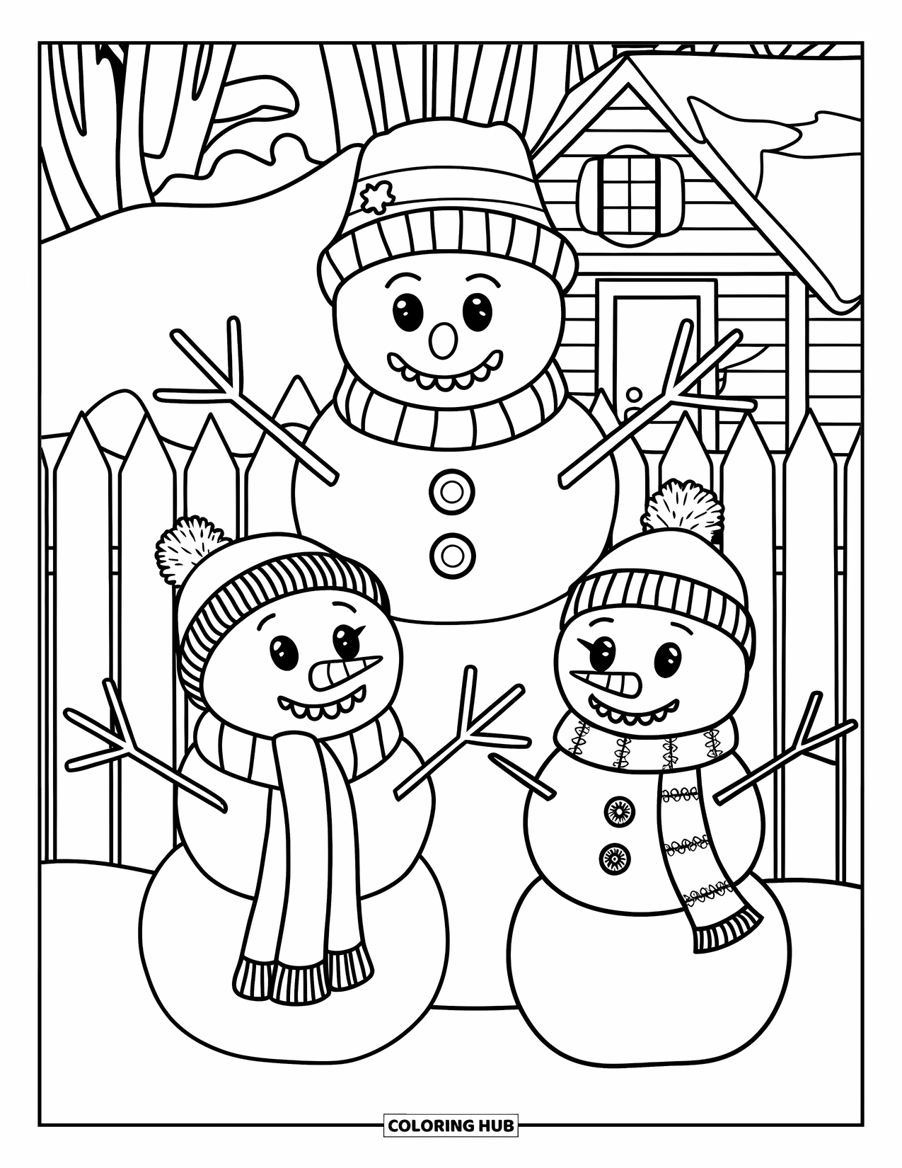 Desenho de Boneco de Neve para Crianças: Três bonecos de neve brincalhões de tamanhos diferentes estão perto de uma cerca de madeira, uma casa e uma árvore de inverno