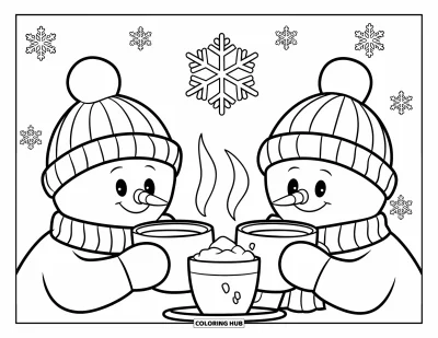 Coloriage de bonhomme de neige pour enfants : Deux joyeux bonhommes de neige sirotent du chocolat chaud ensemble, tandis que des flocons de neige tombent doucement en arrière-plan