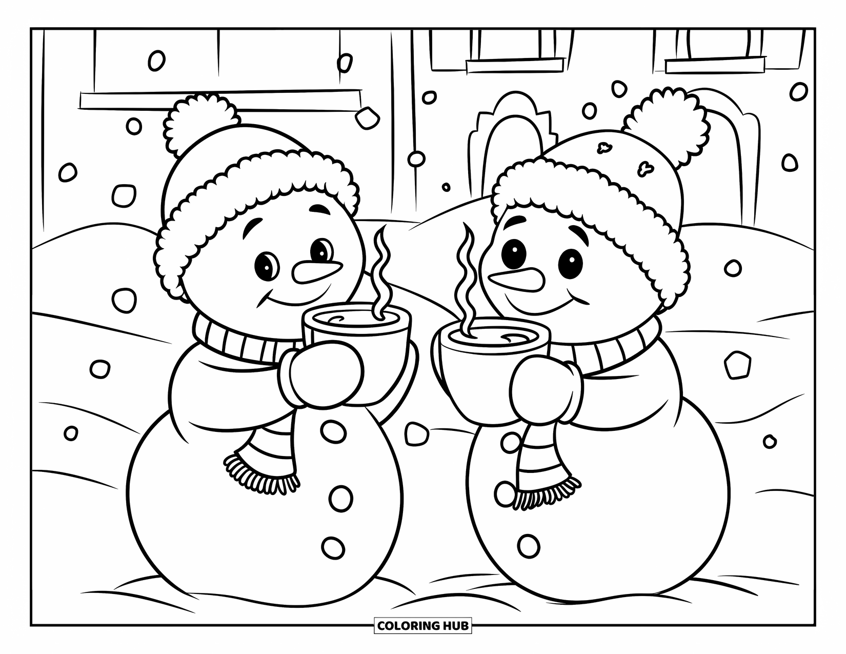 Desenho de Boneco de Neve para Crianças: Dois bonecos de neve felizes com chapéus festivos desfrutam de chocolate quente em uma paisagem nevada com uma casa aconchegante atrás