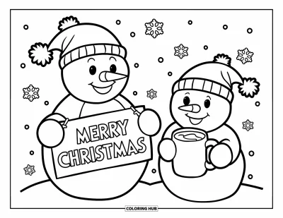 Coloriage de bonhomme de neige pour enfants : Deux bonhommes de neige avec des chapeaux à cloche partagent du chocolat chaud, avec des flocons de neige qui tombent autour d’eux