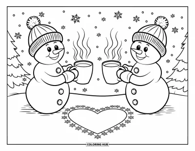 Coloriage de bonhomme de neige pour enfants : Deux bonhommes de neige avec des tasses fumantes de cacao se tiennent ensemble, avec une marque en forme de cœur dans la neige