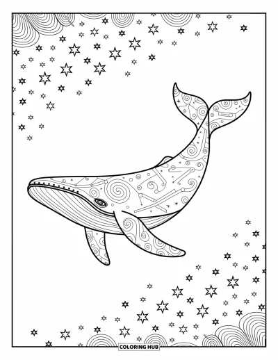 Dibujo de espacio para colorear para adultos: Una ballena cósmica bellamente detallada adornada con patrones celestiales en espiral