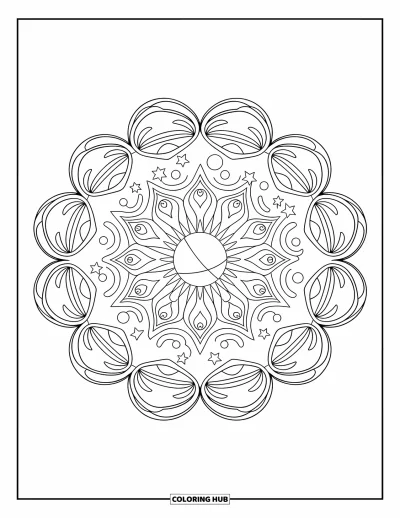 Dibujo de espacio para colorear para adultos: Un mandala espacial bellamente intrincado adornado con estrellas y motivos celestiales