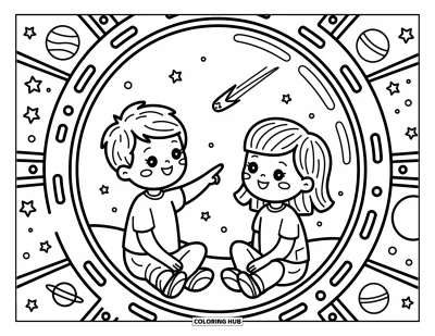 Dibujo de espacio para colorear para adultos: Un niño y una niña miran con asombro una estrella fugaz desde su acogedora nave espacial