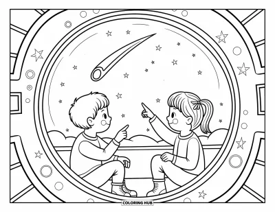 Dibujo de espacio para colorear para adultos: Un niño y una niña en una nave observan una estrella fugaz con emoción en sus ojos