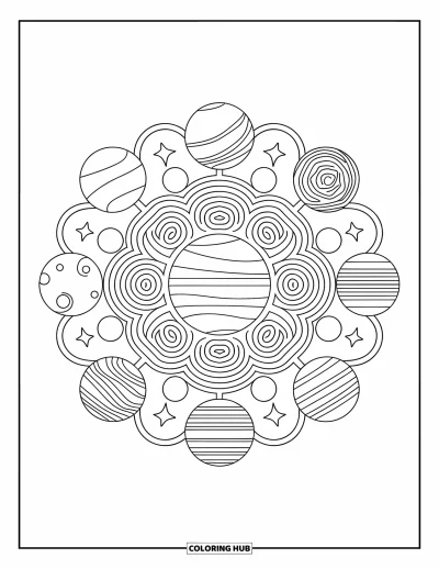 Dibujo de espacio para colorear para adultos: Un mandala celestial con planetas, estrellas y patrones cósmicos en espiral
