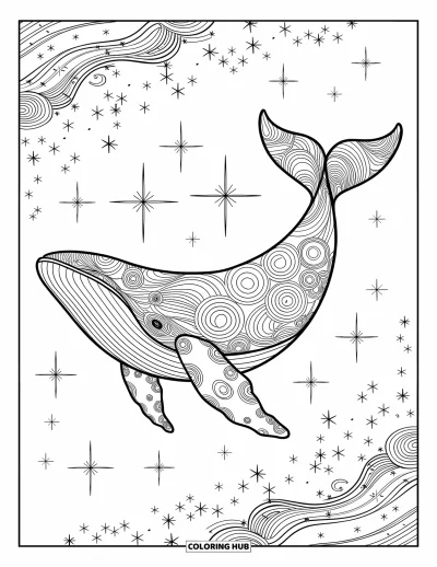 Dibujo de espacio para colorear para adultos: Una ballena cósmica se desliza con elegancia por un océano celestial lleno de estrellas