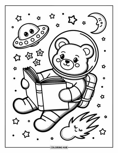 Dibujo de espacio para colorear para adultos: Un oso astronauta acogedor flota por el espacio, rodeado de estrellas titilantes